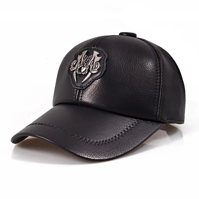 

Spring/Winter Man Genuine Leather Badge Black Baseball Caps Male Casual Sheepskin Belt 55-60 Adjustable Sprot Flight Hats