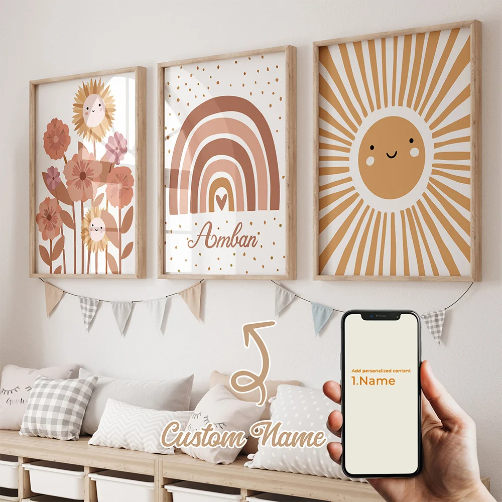 3 stücke Personalisierte Benutzerdefinierte Name Cartoon Kind Regenbogen Wand Kunstdruck Bild Leinwand Poster Malerei Für Wohnzimmer Wohnkultur