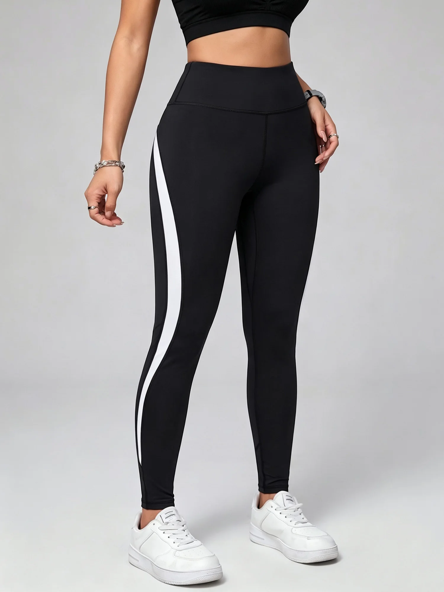 Women’s Curved‑side White Patchwork Leggings High Waist Tummy‑compression Butt‑lift Soft‑stretch Daily Tights