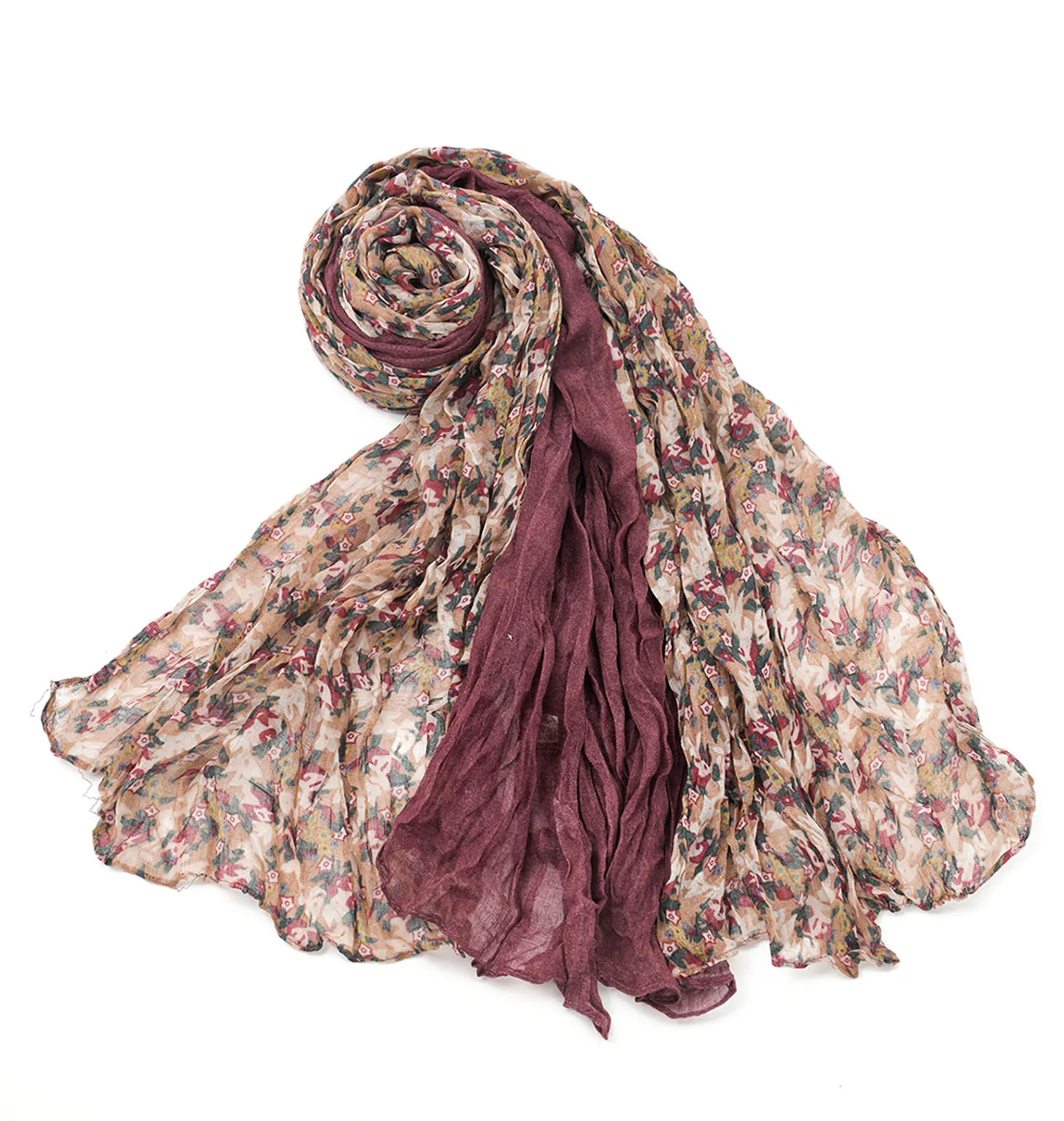 A women\'s multi-color retro small floral print wrinkled cotton and linen sun protection bohemian style scarf