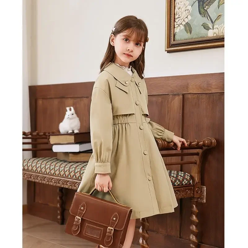 

Girls' khaki mid-length trench coat Autumn 2022 latest foreign style waist mid-sized children's loose top jacket