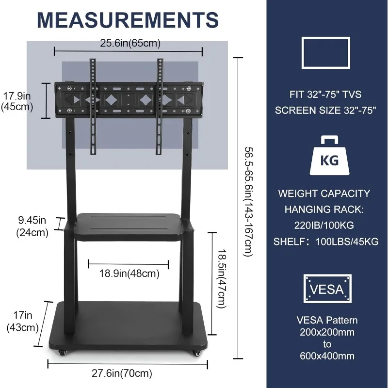 Mobile TV Cart Rolling Floor Stand for 32-75 Inch LCD LED OLED Flat Panel Screens Smartboard Movable Holds up to 100lbs