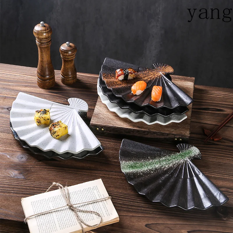 Sushi, sashimi, grilled meat plate, Japanese cuisine, black and white tableware, household retro fan-shaped ceramic dinner plate