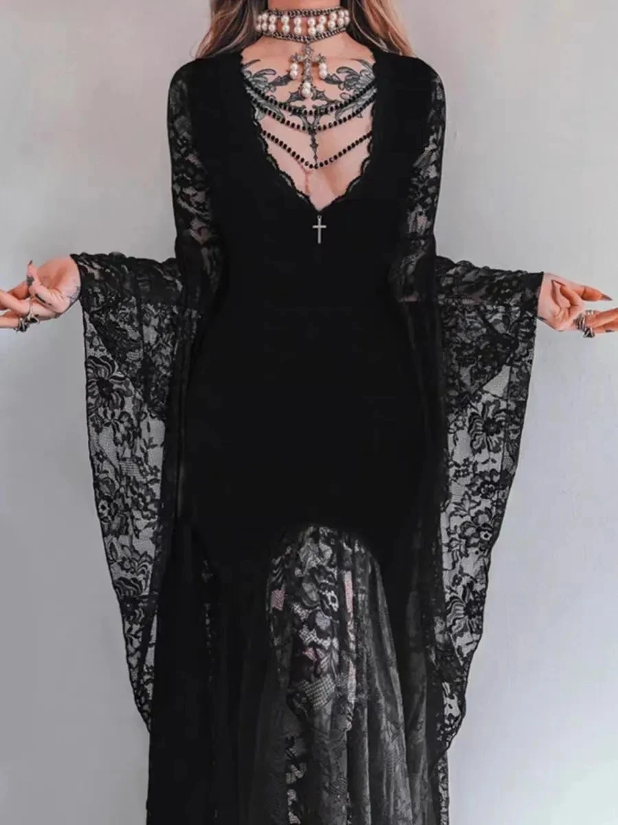 

Готический Sle Long Sve Кружевной дизайн Dr k Серия костюм на Хэллоуин Ele Long Dr Бархатный материал Хлопок 00%