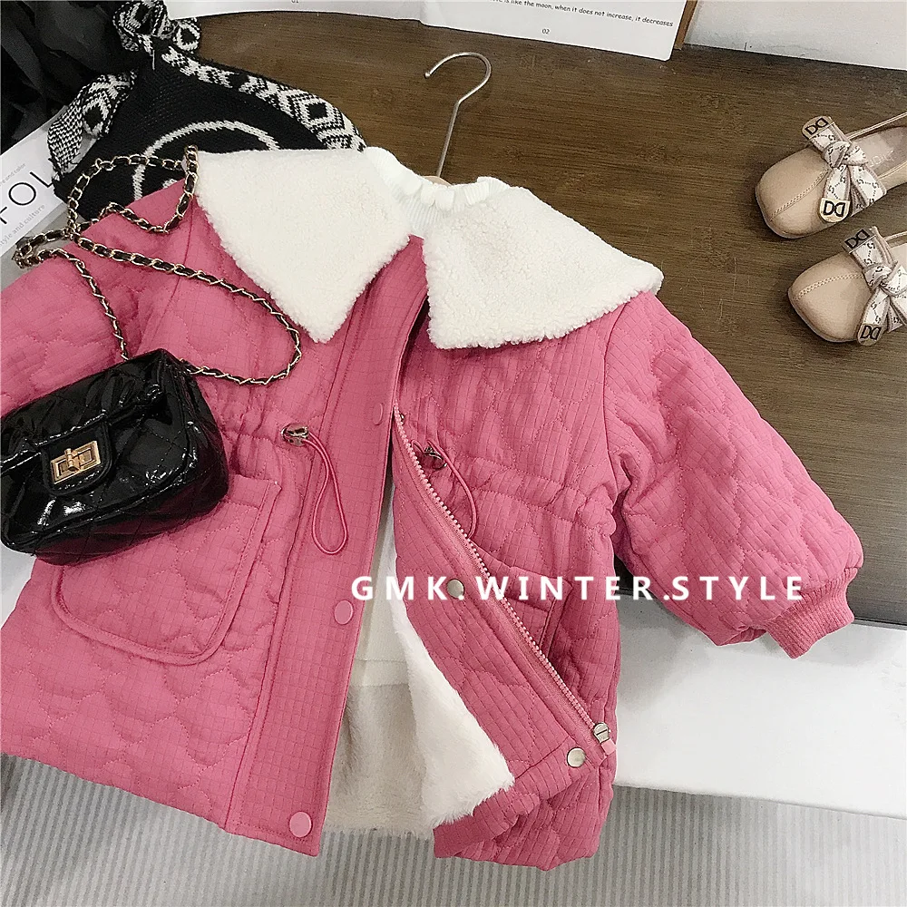 

2025 Winter Children Girl Parka Cotton Padded Turn Down Collar Baby Girl Snowwear Coat Loose Elastic Waist Solid Kid Girl Jacket