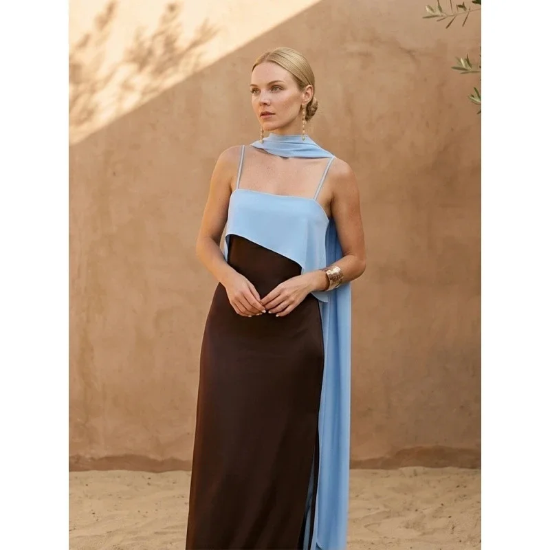 

Fashion Color Block Spaghetti Strap Maxi Dress Women Elegant Halter Scarf High Split Slim Vestidos 2026 New Daily Party Robes