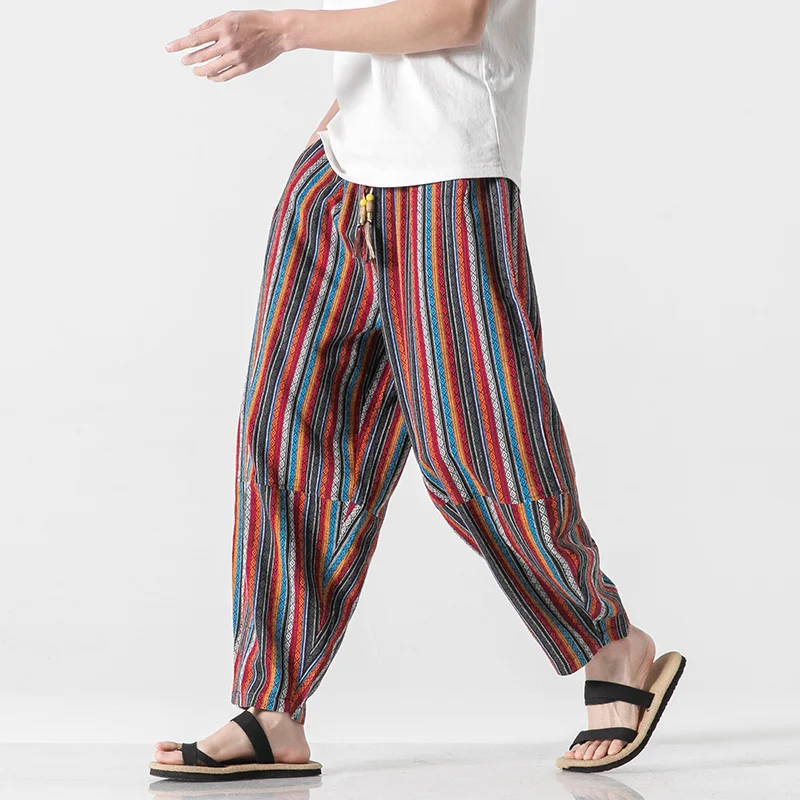 

Chinese Traditional Dress Plus Size Striped Harem Pants Men Clothing Thai Beach Bloomers Oversized Casual Trousers Baggy Pants