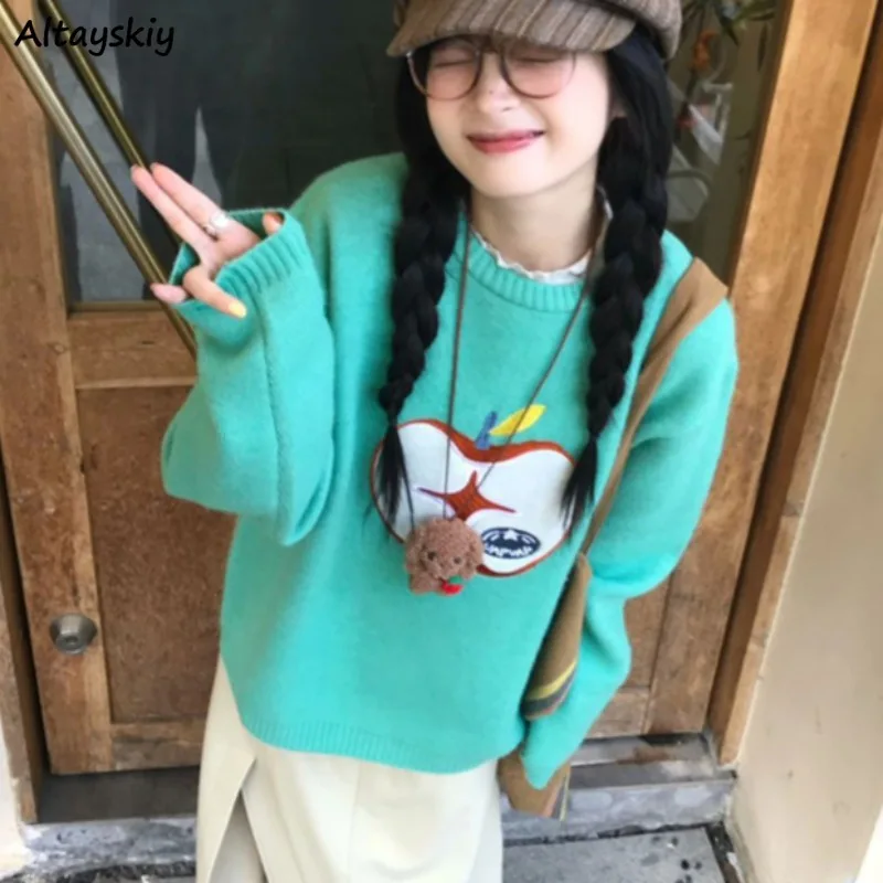 

Chic Pullovers Women Preppy Style Ins Knitted Warm Spring Autumn O-neck Ulzzang Cool Girls Niche Embroidery All-match Casual