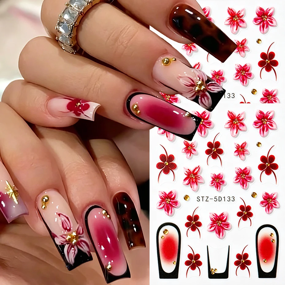 2 Stück 3D Geprägte Rote Blumen Nagelaufkleber Blüten Florale Nagelkunst Abziehbilder Dekorationen Frühling Sommer Herbst Maniküre