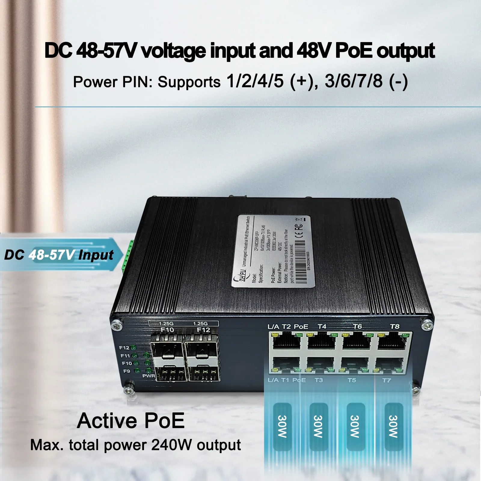 Commutateur Ethernet industriel PoE à 8 ports, rail DIN, avec 4 fentes de déchets 1000Base-X, stérilisation IEEESterilisation 3PG/at 30W jusqu'à 240W 10/100/1000Mbps