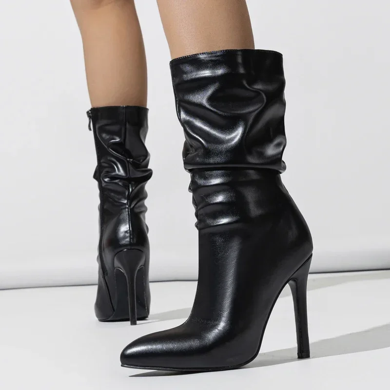 Eilyken Design Sexy Pleated Pointed Toe Zipper Women Ankle Boots Fashion Thin High Heels Stripper Modern Booties Shoes