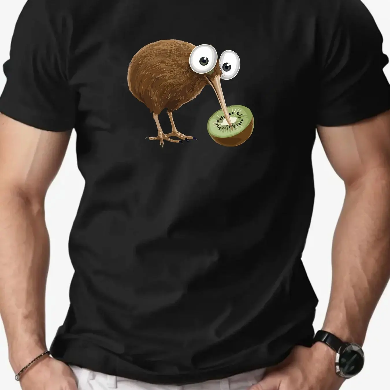 Men Kiwi Bird Eating Kiwifruit Graphic Casual T-Shirt - Summer Short Sleeve Round Neck Tee Breathable Regular Fit Men Clothing