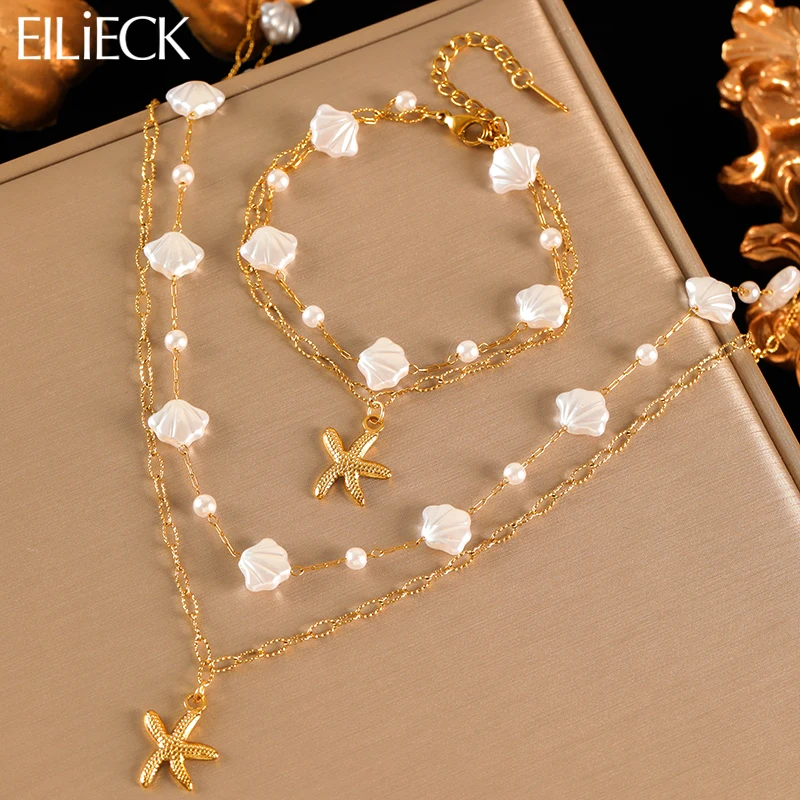 

EILIECK 316L Stainless Steel Starfish Shell Pearl Necklace Bracelet Earrings Set For Women Fashion Waterproof Beach Jewelry Gift