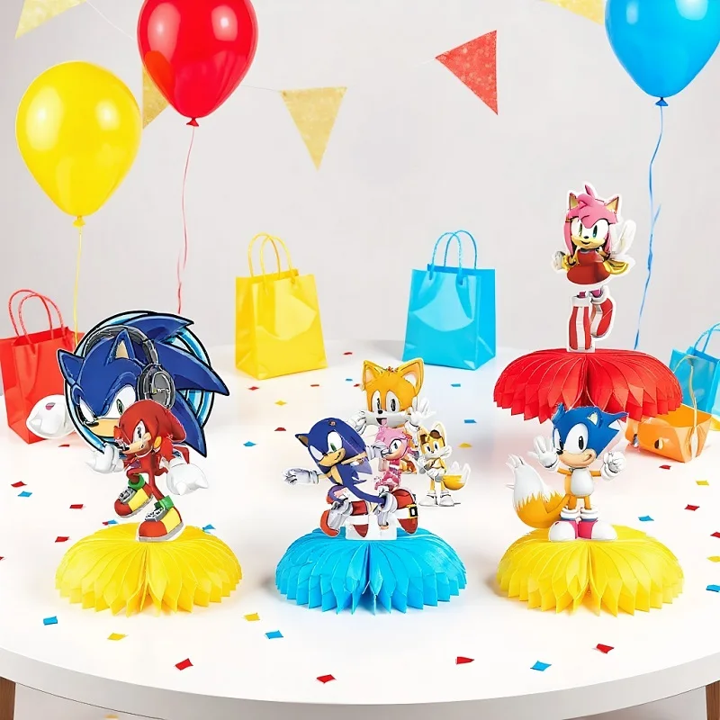 

New 9Pcs Sonics Birthday Party Decoration Kids Party Supplies Paper Cup, Tablecloth, Cake Decoration, Background Center Ornament