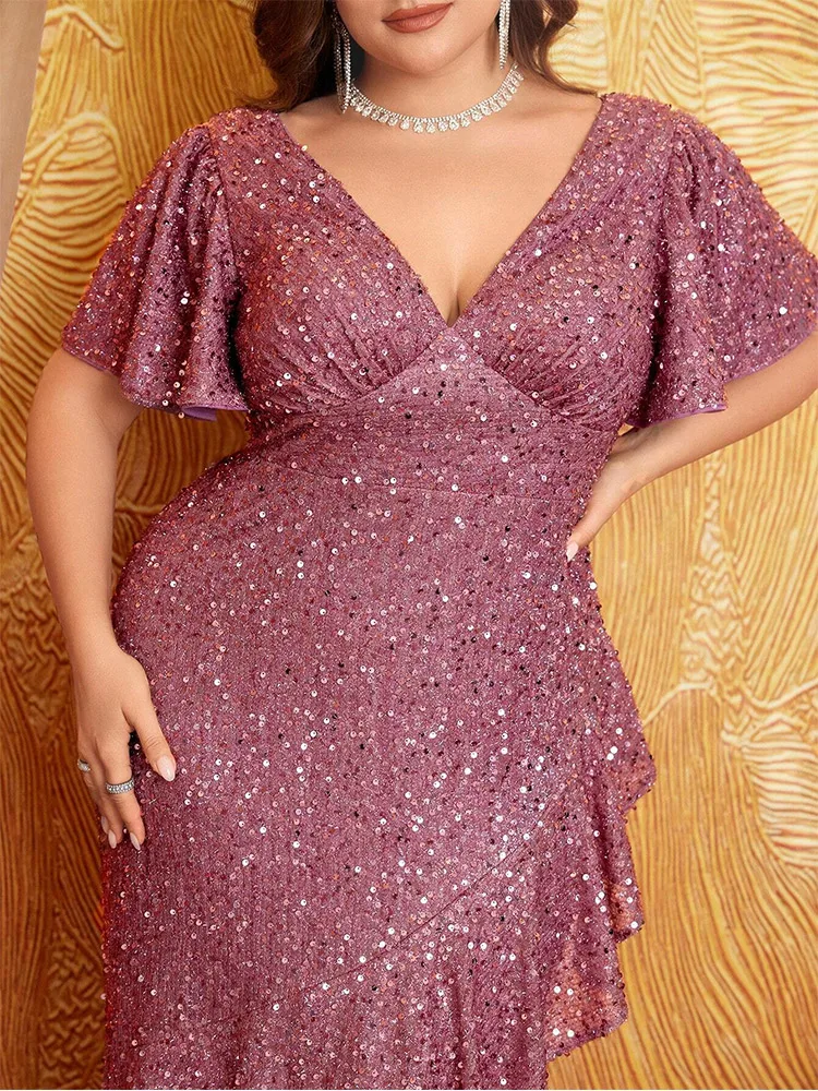 Plus size V-neck short sleeve pink multicolor banquet ruffle floor-length evening dress 2024 for Women image 6
