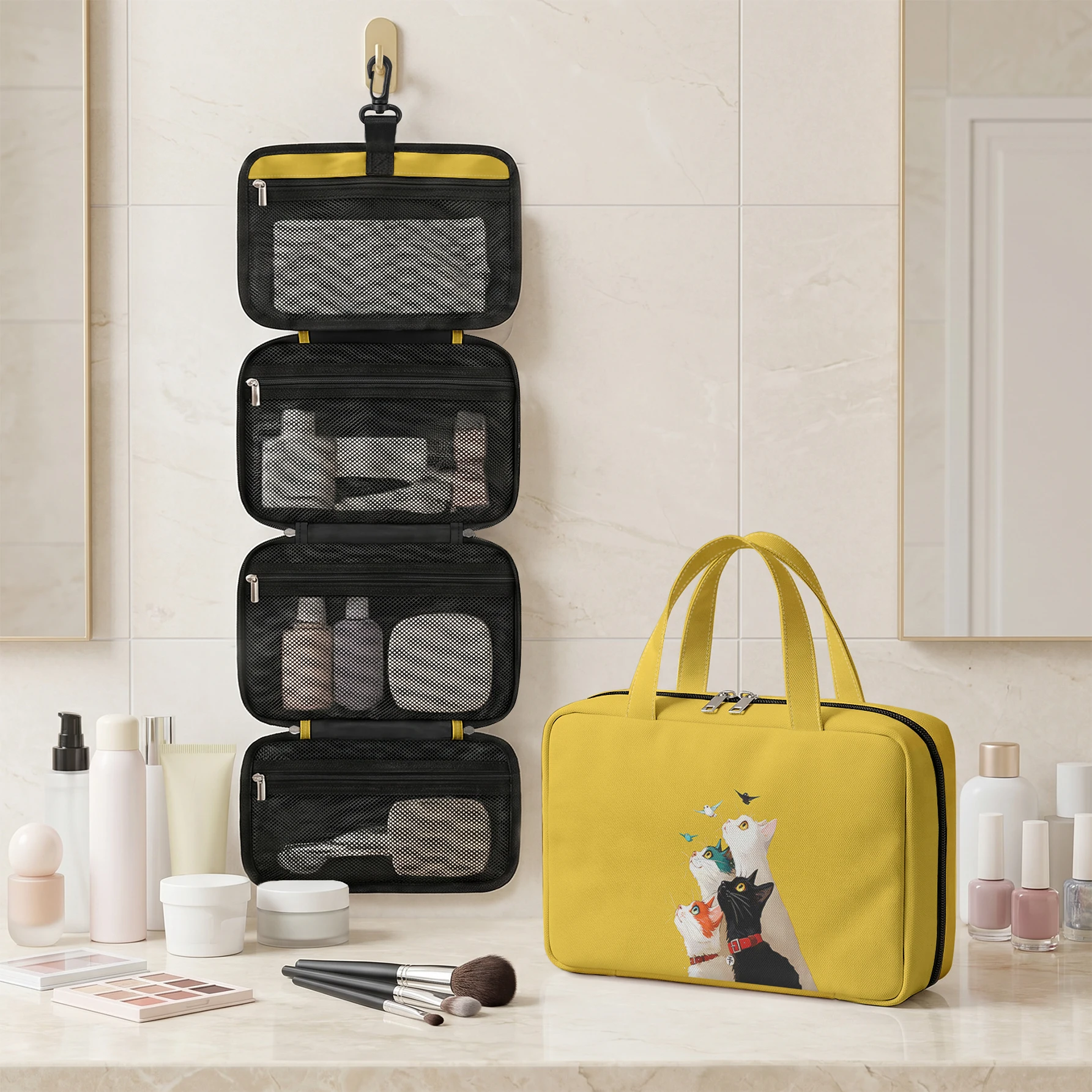 Multi Cats And Birds Print Hanging Cosmetic Bag Foldable Multi Pocket Toiletry Bag For Travel Daily Use
