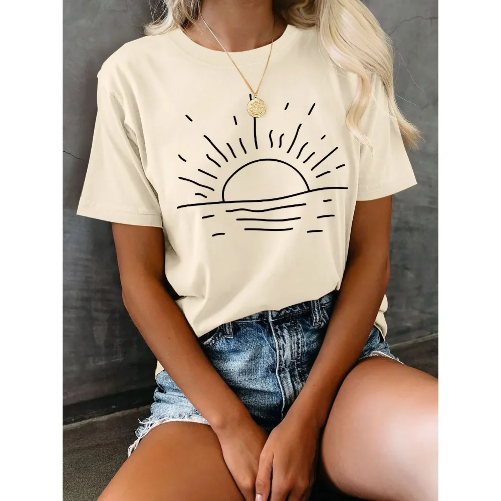 

Футболка с принтом Sun & Waves, женская футболка в стиле Харадзюку с коротким рукавом, повседневная женская футболка, уличные топы, футболки, эстетичная одежда Y2K