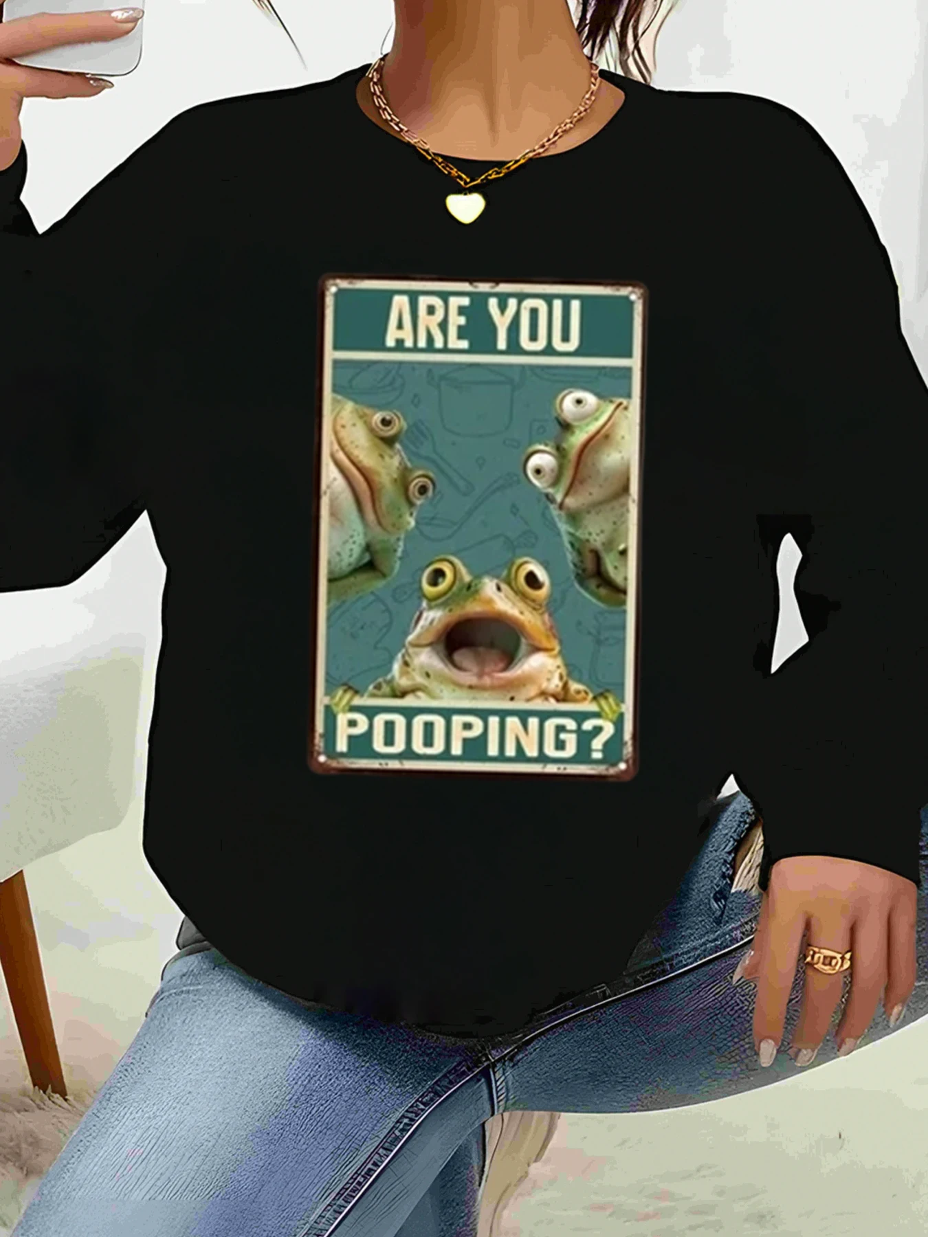 Bluza z długim rękawem z nadrukiem żaby, która robi kupy, odzież codzienna, moda damska