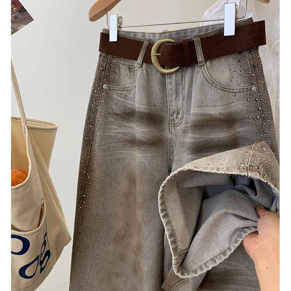 Women Rhinestone Wide Leg Denim Pants Trendy Shiny Rivet Straight Loose Brown Jeans American Style Y2K Casual Floor Length Pants