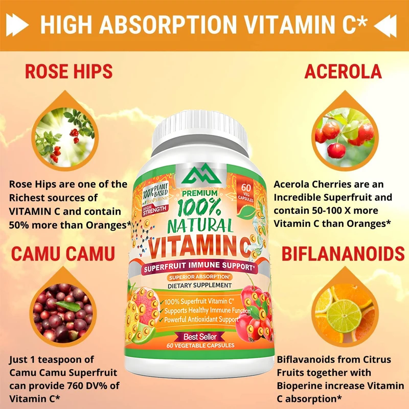 Natural Vitamin C 100% from Rosehip, Coniferous Cherry Immune Support,Skin, Joints, and Collagen 60 capsules vegetarian capsules