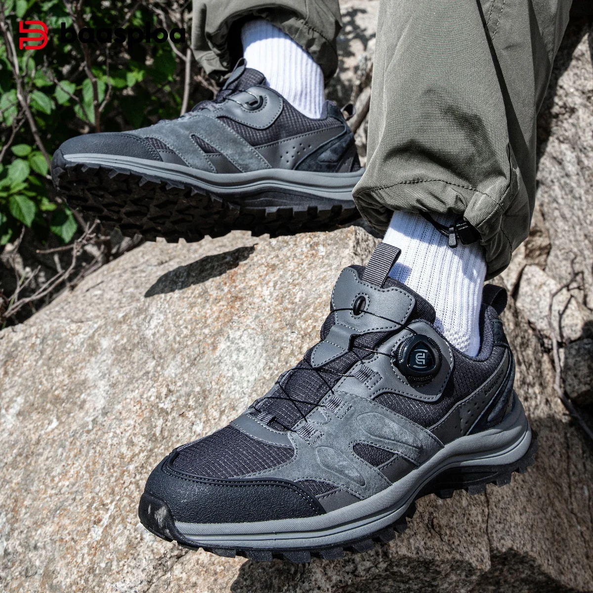 Baasploa Men Hiking Shoes New Rotating Button Trail Male Outdoor Shoes Leather Anti Splash Water Soft Walking Sneakers Non-Slip