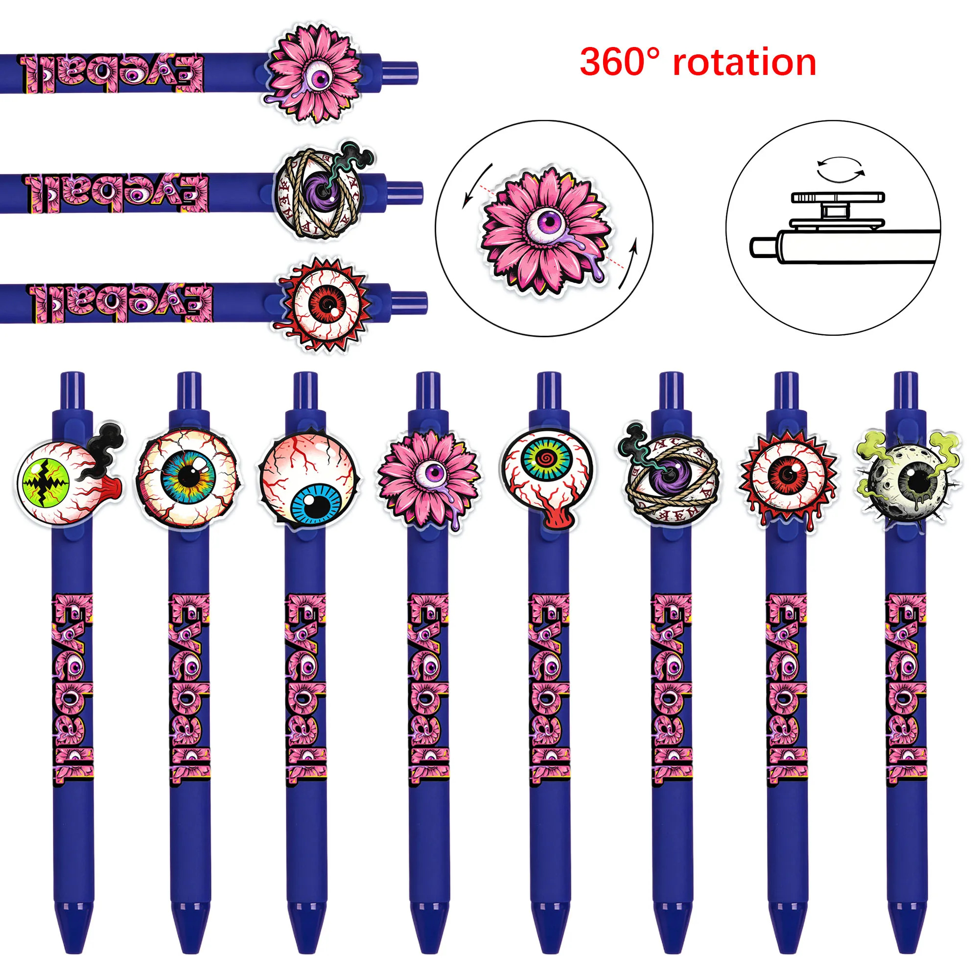

8pcs Creative Horror Eye Theme Press Ball Pattern to Rotate Dark Series Writing Smooth Black Ink Student Writing Gift Pen