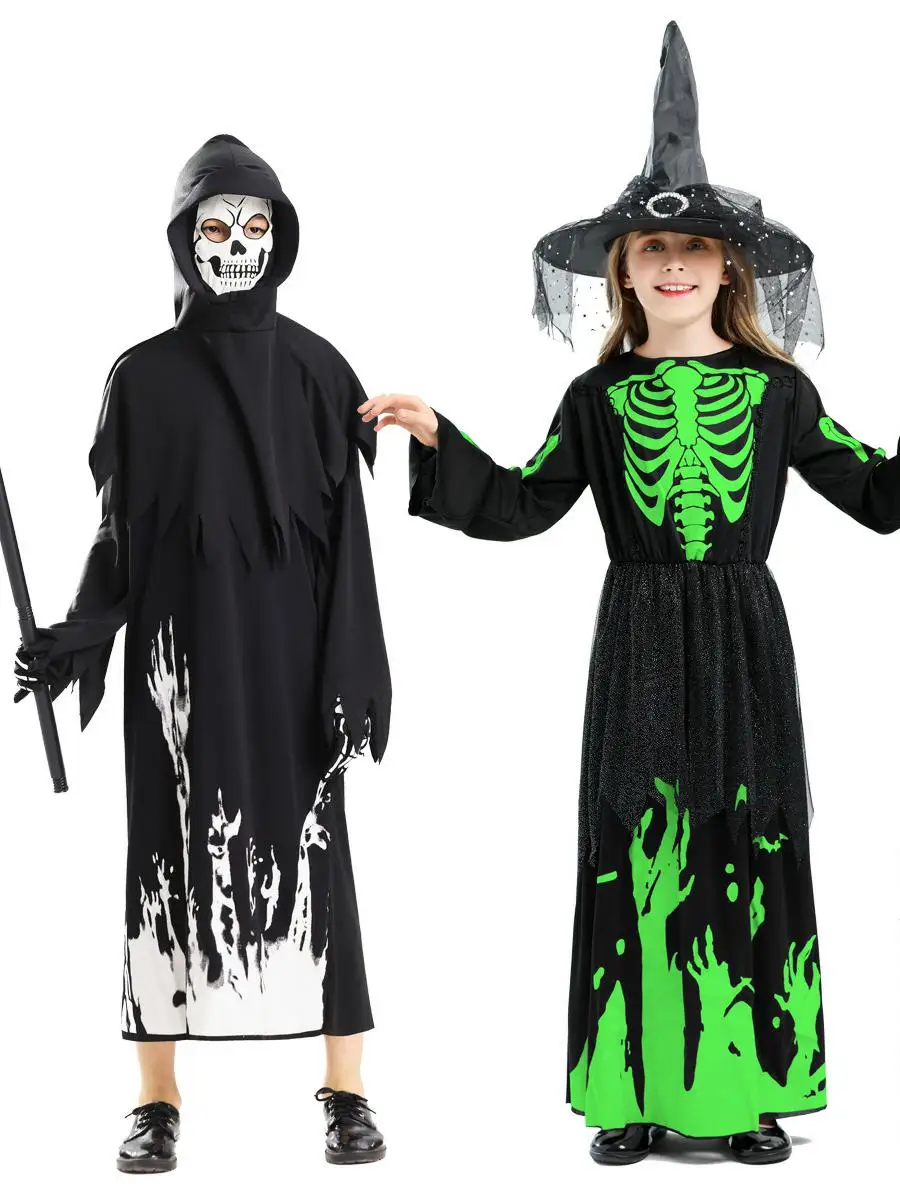أزياء الأطفال التأثيرية المتوهجة لمرحلة الأداء الساحرة الهيكل العظمي شبح الشيطان loween Par eup الزي الجنية T موضوع