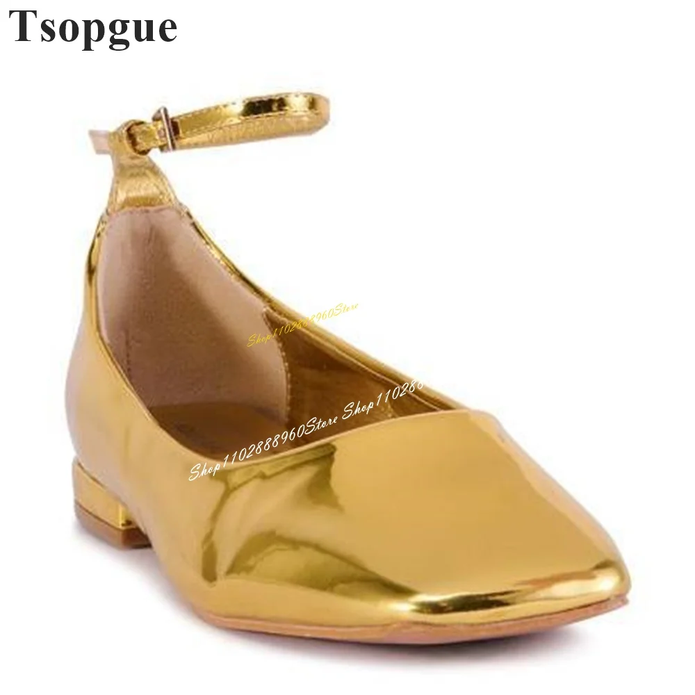 Trendy Zilveren Spiegel Lederen Luxe Pumps Plat Met Damesschoenen Enkelbandje Vierkante Neus 2024 Mode Zapatos Para Mujere