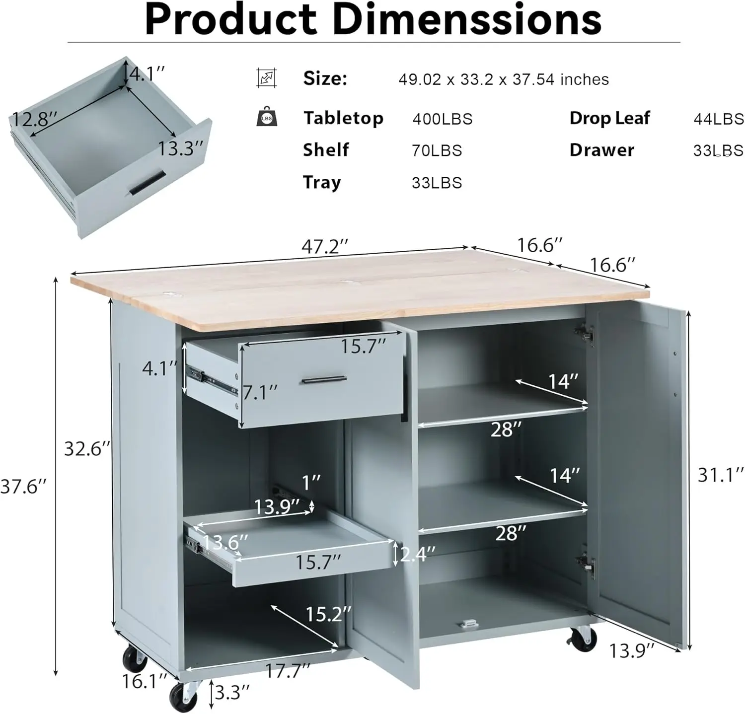 Kitchen Island with Foldable Counter Top, Kitchen Storage Cart with Slide-Out Shelf, Towel Rack and Drawer