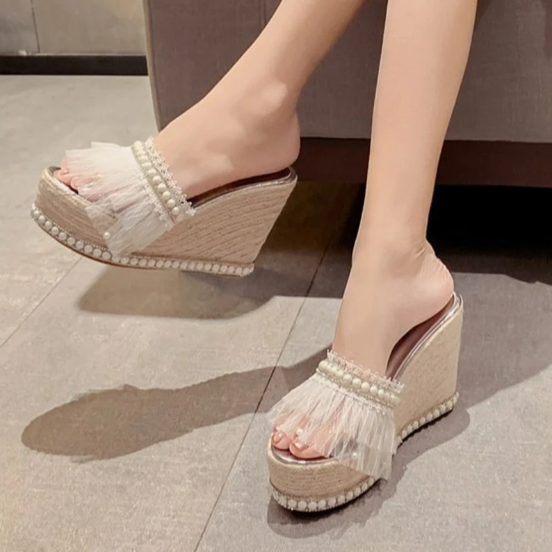 Aneikeh 2026 Summer Fashion Designer Crystal Weave Wedges Platform Women Slippers PVC Transparent Mesh Fabric Open Toe Shoes