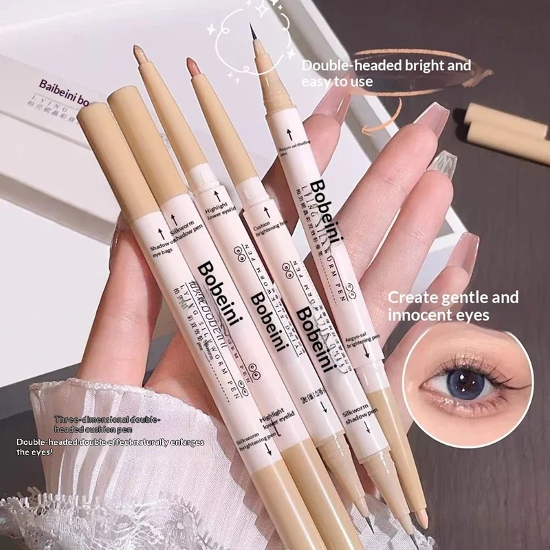 Evidenziatore per ombretto naturale opaco con penna per baco da seta a doppia testa per la parte inferiore della palpebra opaca perlescente con glitter fini
