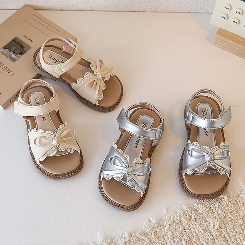 Summer New Children's Sandals Open-toe Anti Slip Girls' Princess Shoes Fashion Bow Lace Soft Sole Baby Kid's Beach Shoes