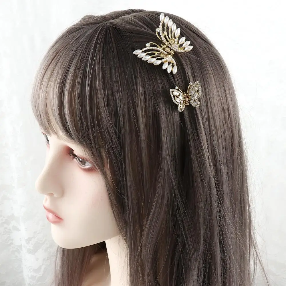 Butterfly Catch Clip Hair Clip Rhinestone Hair Claw Sweet Pearl Hair Accessories Female Fairy Temperament Small Clip