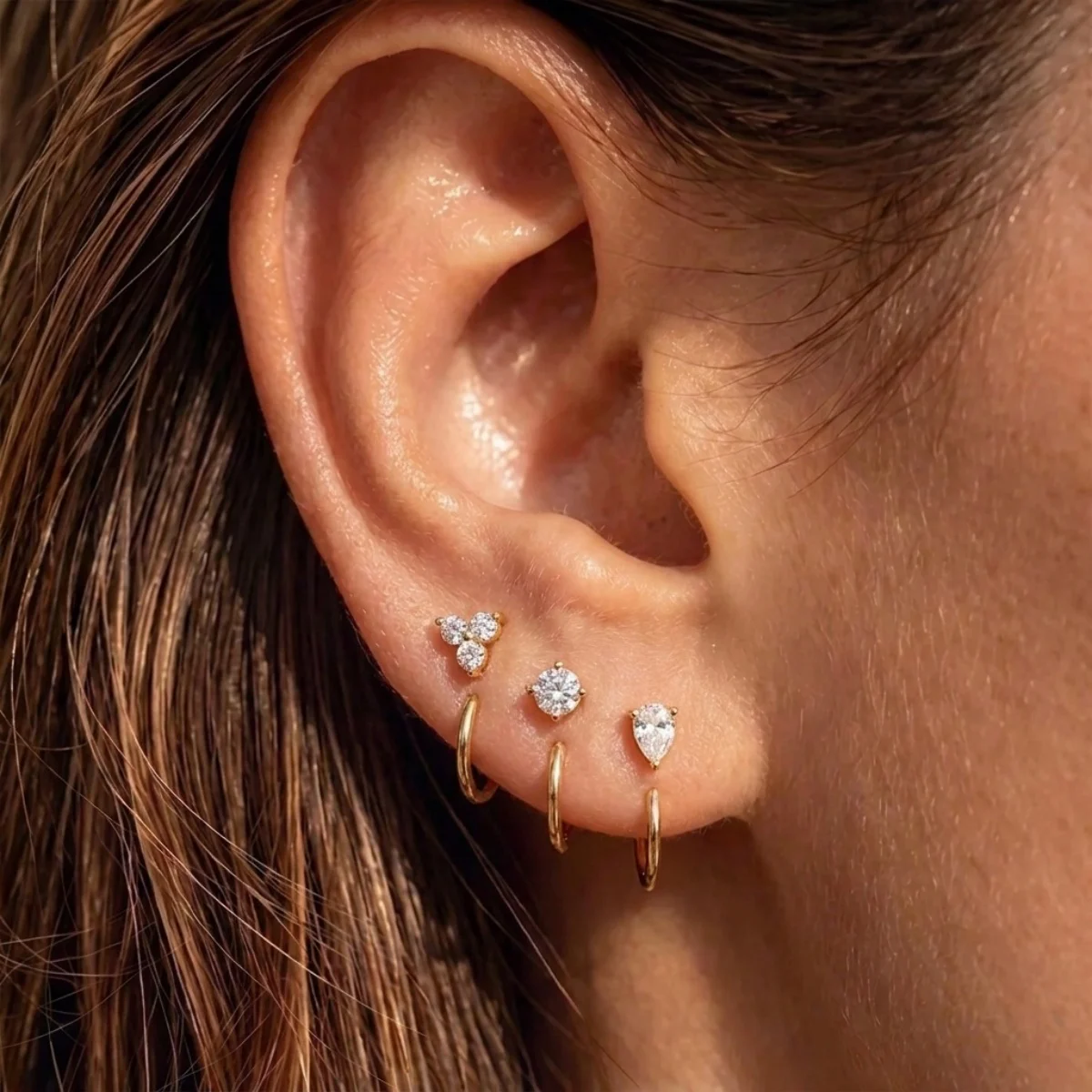 3 Stück/Set, glänzende Zirkonia-Blumen-Ohrringe in runder Tropfenform für Damen, minimalistische, kleine Tropfen-Ohrringe mit Schleifenmuster, stapelbare Ohrringe, Schmuck. – Detail 6