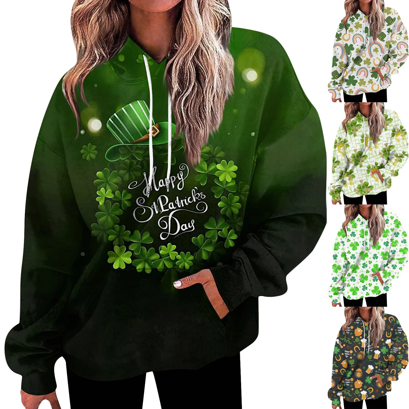 Women's Daily Hoodies Versatile Casual Sweatshirts St. Patrick's Day Graphic Long Sleeve Clovers Printed Pullover Tops