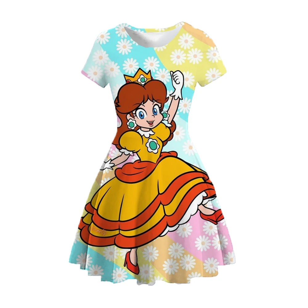 Mario Brothers Cute Peach Princess Printed Baby Girl Dress Sleeveless Knee Length A-line Holiday Summer Sun Dress for Children