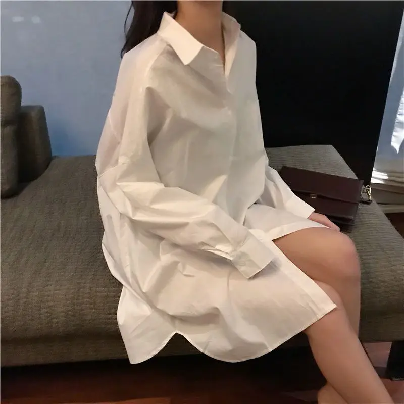 Gidyq Fashion Women White Chiffon Shirts Korean Casual Streetwear Loose Midi Shirts Female All Match Long Sleeve Tops Spring New