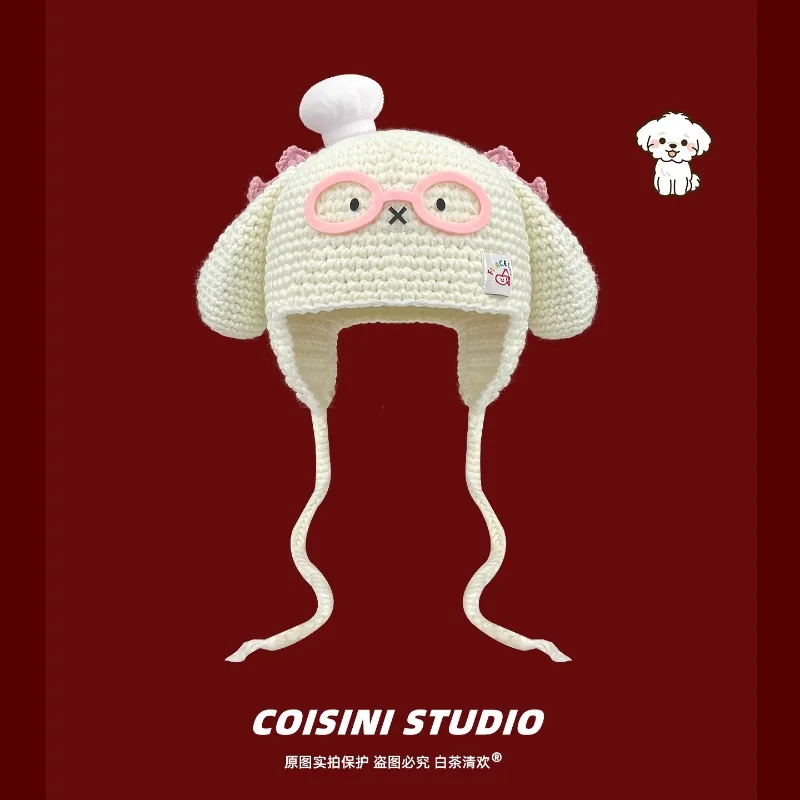 

Autumn New Handwoven Cute Glasses Puppy Knitted Beanies Cap for Women Outdoor Leisure Warm Ear Protection Funny Men's Hats