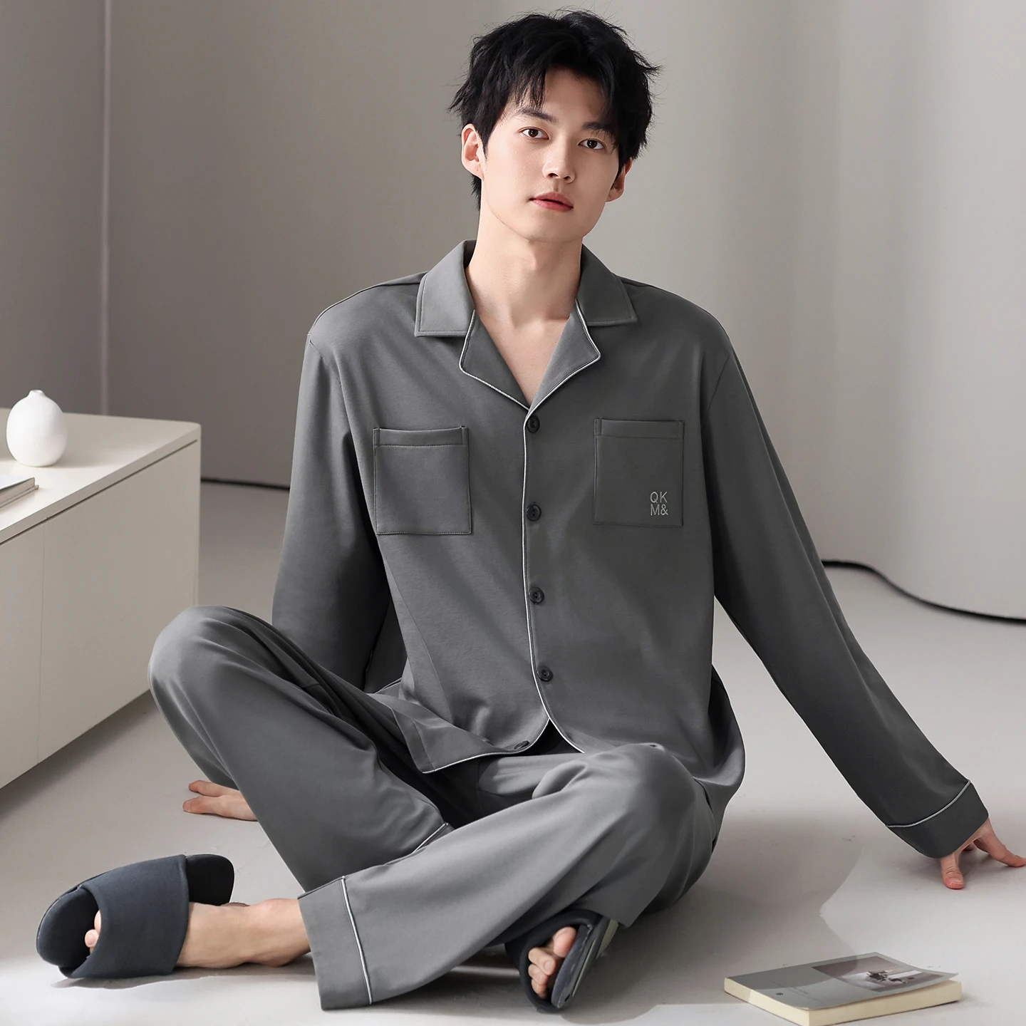 Men Pyjamas Set Full Cotton Spring Long Sleeve Solid Men Pajama Suit Autumn Nightwear Collar Pijama Male Sleepwear Two Piece 4XL