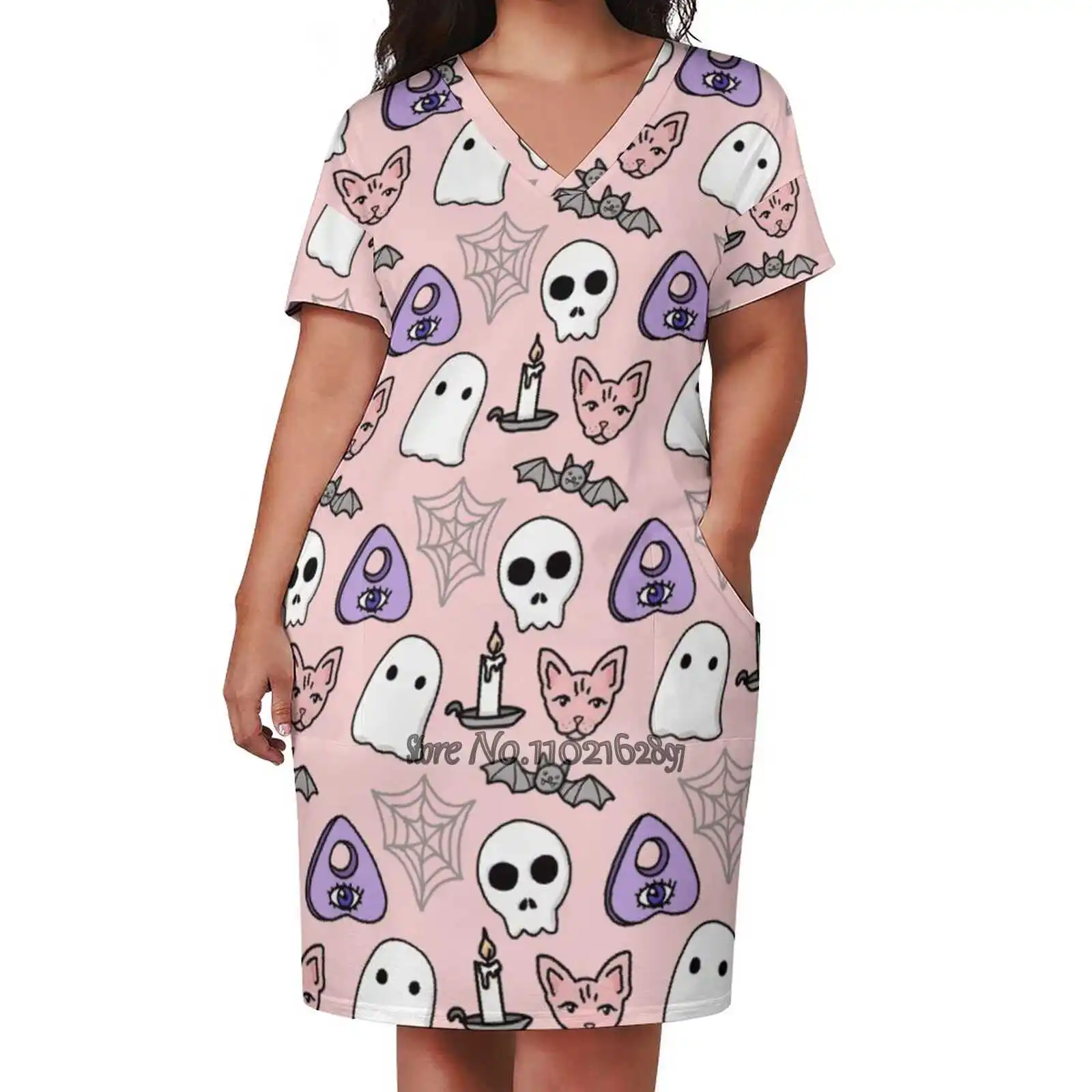 Pink Pastel Spooky Pattern Fashion Street Dress Loose V-Neck Short Sleeve Skirt Casual Party Skirt 5Xl Cats Sphynx Cat Skull