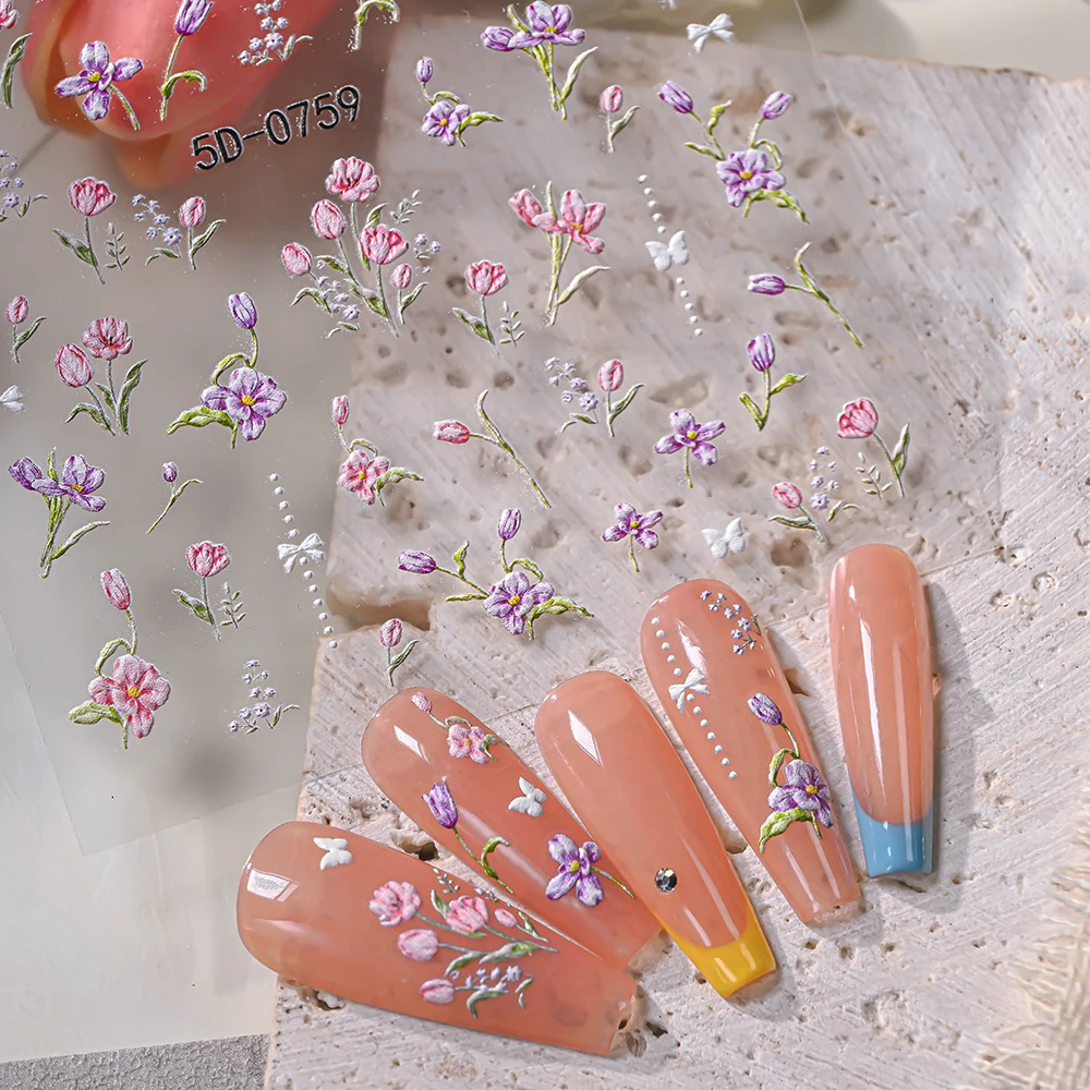 5D Embossed Romantic Tulip/Iris/Lily of the Valley Flowers Nail Sticker Colours Tulip Flower Decal Adhesive Spring Flower Slider