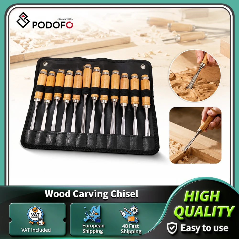 Podofo, set da 12 scalpelli per intaglio del legno, utensili per intaglio del legno, scalpelli manuali affilati per intaglio, utensili per la lavorazione del legno, con custodia nera, ideale per