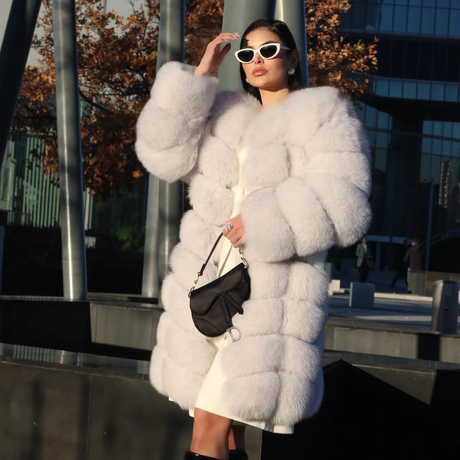 Natural White Real Fox Fur Coat Round Collar High Quality Long Genuine Leather Wholeskin Fox Fur Coats Outwear Casual Women