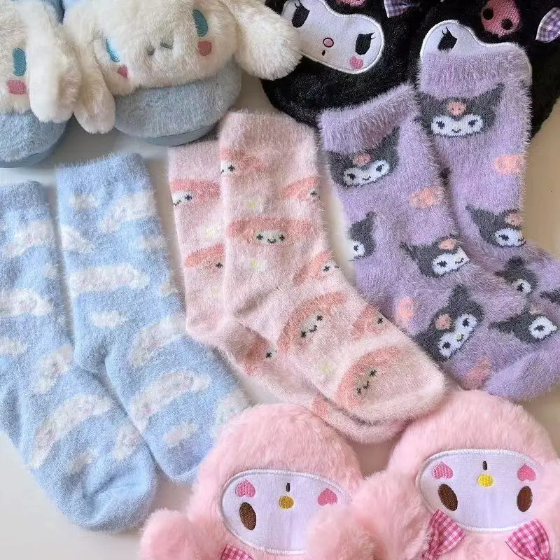 

Anime Kawaii Sanrio Kuromi Mymelody Cinnamoroll Cute Plush Socks Girls Socks Autumn Winter Warm Sleeping Stockings Women Female