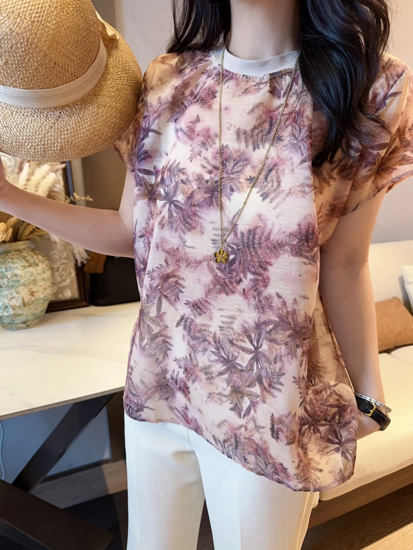

Retro Gradient Print Silk Wool Short Sleeve T-Shirt Women's Summer Breathable round Neck Top Traditional Chinese Style Blouse