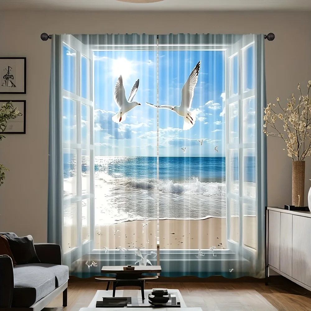 Ocean View Curtains 2pcs – Beach & Seagulls Through Open Window, Coastal Scene for Living Room and Bedroom Decor