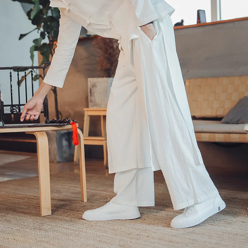 2026 Gemütliche schwarze Baumwolle Leinen Hakama Kung Fu Hosen Männer Patchwork breiten Boden Wushu Hosen männlichen chinesischen Osten Stil grau Harem Hosen