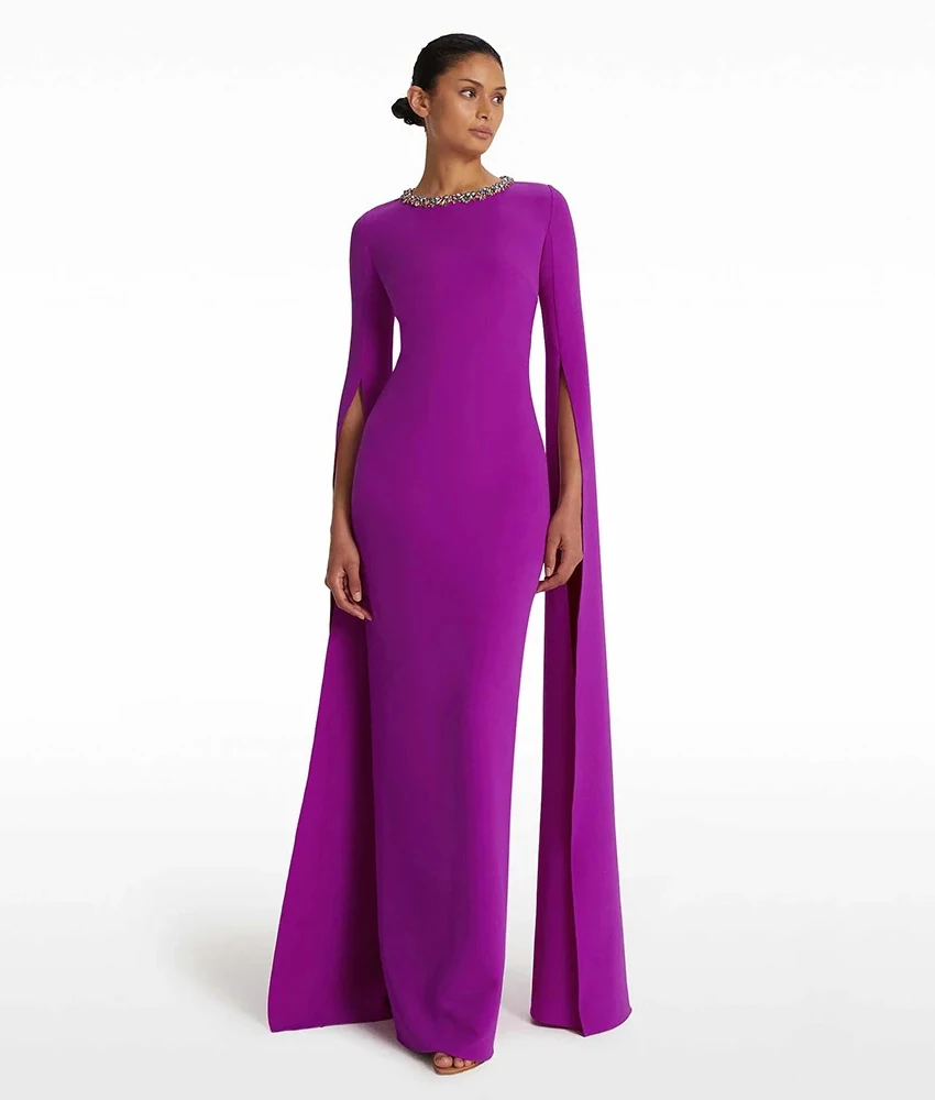 

Customized Formal Jersey Straight Crystal Evening Dress Delicate O-neck Long Sleeves Floor Length Bespoke Occasion Gowns