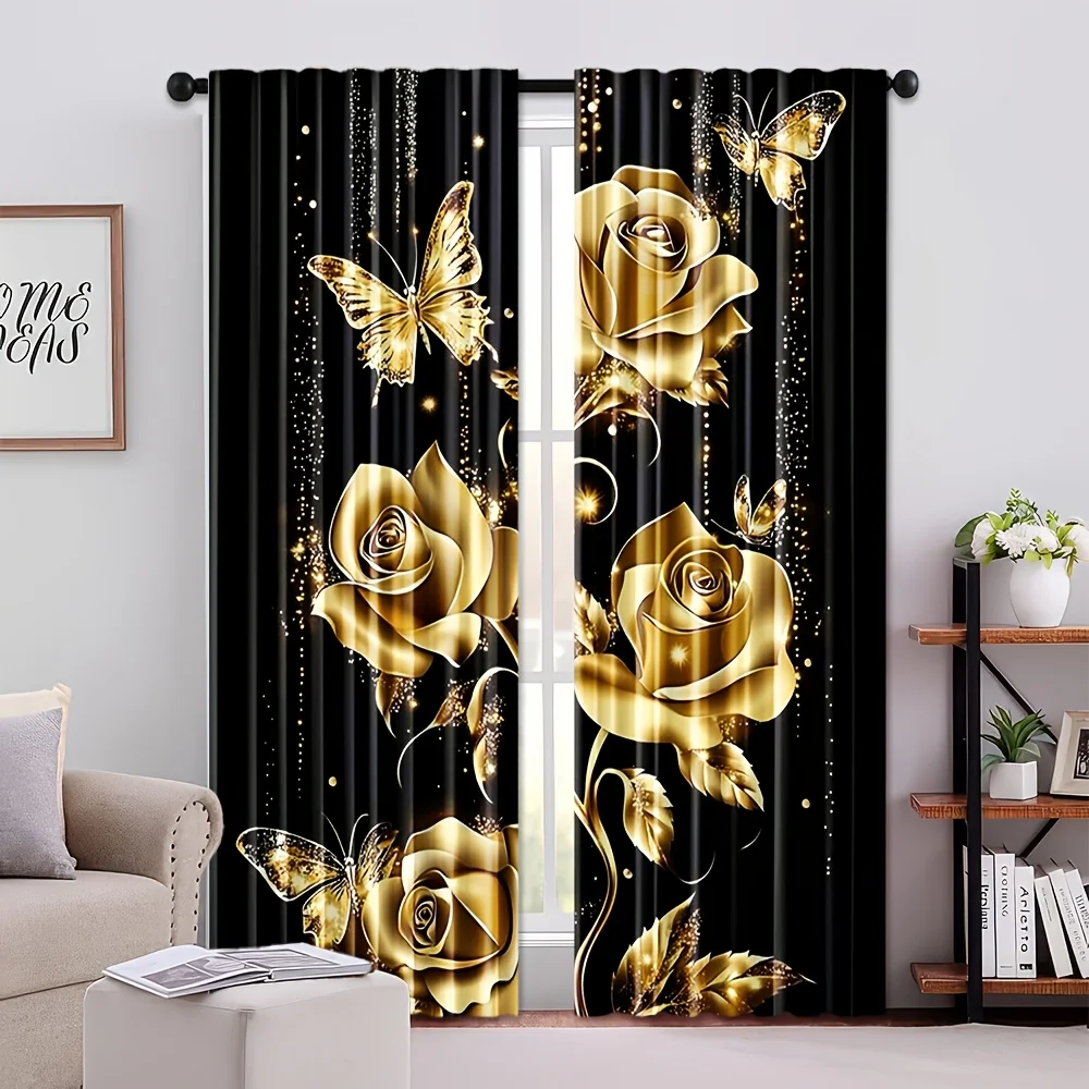 2PCS Digital Print Curtains, Rose Gold Floral Butterfly, Elegant Romantic