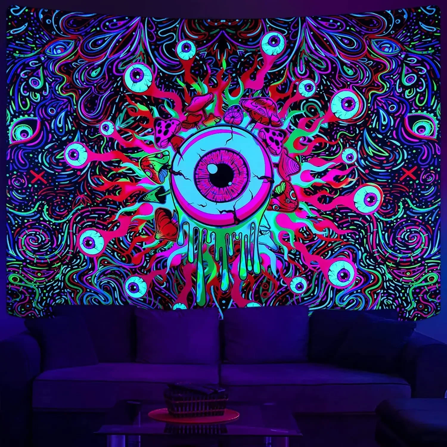 Psychedelic Black Light Mushroom Flourescent Tapestry Wall Hanging Hippie UV Reactive Butterfly Tapestries Home Room Skull Decor